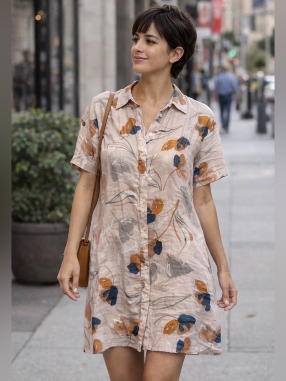 Rachel Zoe Linen Shirt Dress in Blush with Teal & Mustard Accents